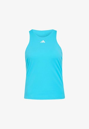 Canotta sportiva azzurra chiara con scollo arrotondato e logo. Realizzata in tessuto liscio ed elastico, progettata per l'abbigliamento sportivo.