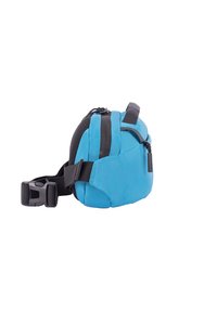 Borsa a spalla turchese con dettagli neri, caratterizzata da una chiusura con zip, tracolla regolabile e una finitura in tessuto testurizzato. Forma compatta e arrotondata.