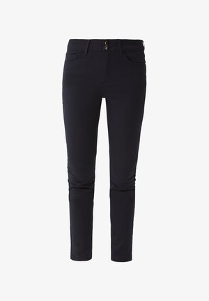 Dunkelblaue Stretch-Hosen mit schmalem Schnitt, ausgestattet mit zwei Vorderaschen, einem Zwei-Knopf-Verschluss und einer glatten Stofftextur.