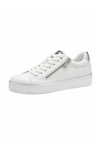 Sneakers bianchi con un design testurizzato, dotati di una cerniera laterale, chiusura con lacci e un'accenno argento a contrasto sul tallone.