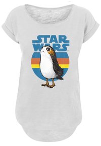 Lys grå t-skjorte med kort erm som har et tegneserie-fugledesign med detaljerte farger, teksten "STAR WARS" og en sirkulær bakgrunn.