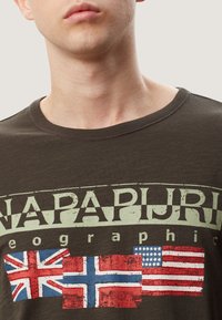 Dunkelgrünes T-Shirt mit Rundhalsausschnitt, das ein auffälliges Logo sowie die Flaggen des Vereinigten Königreichs, Norwegens und der USA in Rot und Blau abgedruckt hat.