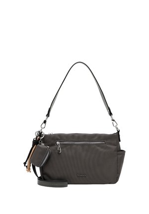 Kleine dunkelgraue Schultertasche mit Reißverschlussfach vorne, abnehmbarem Riemen und angebrachtem kleinem Münzbeutel mit Reißverschluss und Schlüsselring.