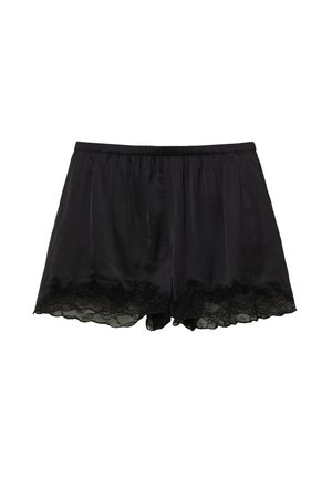 Sorte silkesorts med elastisk talje og bølget blondetrim langs kanten.