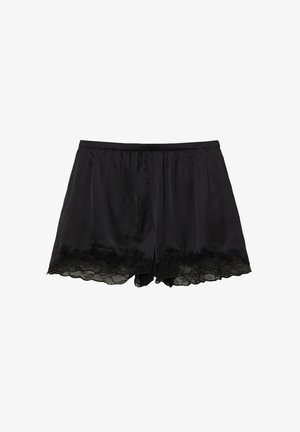 Pantaloni scurți negri din mătase cu talie elastică și dantelă festonată de-a lungul tivului.