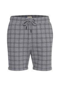 Shorts à carreaux gris en tissu doux, dotés d'une taille avec cordon de serrage et de poignets retroussés. Comprend un motif à carreaux dans un gris plus foncé.