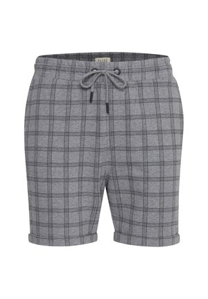 Szare szorty w kratę wykonane z miękkiego materiału, z elastycznym pasem i podwiniętymi nogawkami. Zawierają wzór w kratkę w ciemniejszym odcieniu szaro�ści.