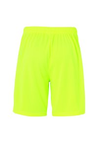 Shorts de sport jaune fluo avec une taille élastique, fabriqués à partir d'un matériau léger et lisse ; sans motifs ni ornements supplémentaires.