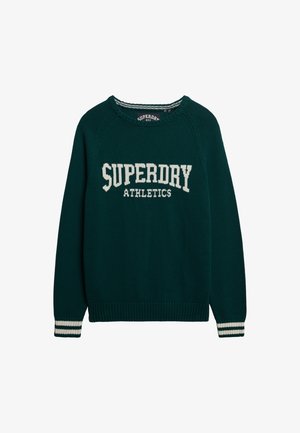 Turkusowy sweter dziany z białym napisem "SUPERDRY ATHLETICS", ściągaczami na mankietach i u dołu oraz klasycznym okrągłym dekoltem. Gładka faktura i regularny krój.