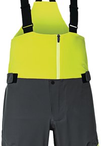 Helle gelbe wasserdichte Latzhose mit schwarzen Trägern und Akzenten. Verfügt über einen Frontreißverschluss und eine verstellbare Taille. Grauer unterer Teil für Langlebigkeit.