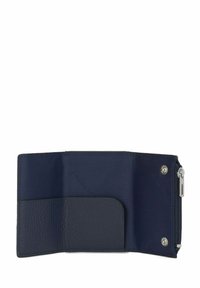 Navy Geldbörse aus einer Mischung von Leder und Stoff, mit Reißverschluss, Druckknöpfen und mehreren Kartenfächern. Glatte Textur.