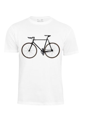 Weißes T-Shirt mit einem Grafikdesign eines schwarzen Fahrrads mit braunen Akzenten. Das Fahrraddesign zeigt einen klassischen Rahmen, Lenker und Räder.