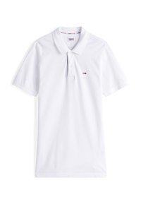 Vit polo shirt, korta ärmar, bomullsmaterial, treknappsslutning, liten logotyp på vänster bröst, jämn textur, klassisk passform.