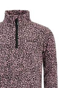 Fleece pulóver s štvrtinovým zipsom, s ružovým základom a čiernym leopardím vzorom. Mäkká textúra s vysokým golierom.