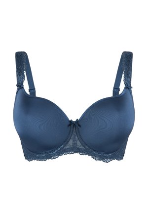 Marineblauwe bh met een gladde microvezel cups, kantafwerking, verstelbare bandjes en een klein strikje in het midden.