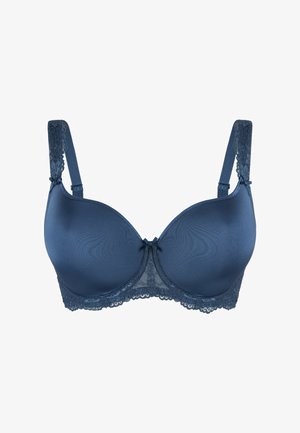 Navy plavi grudnjak sa glatkim mikrovlaknastim čašama, čipkastim obrubom, podesivim trakama i malim detaljem mašne u središtu.