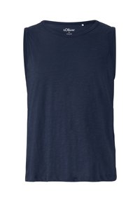 Mouwloze marineblauwe top van zachte stof; ronde halslijn; subtiele branding op de voorkant; gladde textuur met een casual ontwerp.