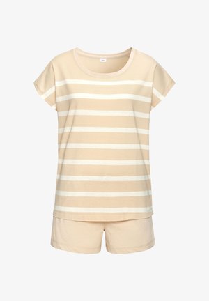 Valkoinen pankkiopisto pajamasetti, jossa on lyhythihainen paita, jossa on valkoisia raitoja, ja vastaavat shortsit, valmistettu pehmeästä puuvillakankaasta.