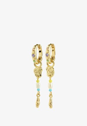 Zelta stīpu auskari ar krāsainiem dārgakmeņu akcentiem, karājošiem dekoratīviem elementiem ar pērlēm un pērlītēm dzeltenā un zilā krāsā.
