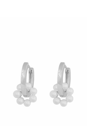 Silver hoop earrings featuring a cluster of six white pearls at the bottom. Smooth metal finish with a modern design.