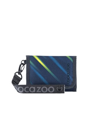 Navy blue fabric wallet with diagonal green, blue stripes, a snap button, and a black wrist strap featuring "coocazoo" text.