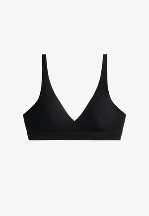 Bralette noire avec un décolleté en V profond, des bretelles fines et une texture lisse. Présente un style minimaliste sans rembourrage ni fils.