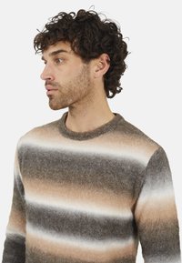 Sweter w paski z okrągłym dekoltem, w odcieniach brązu, beżu i bieli. Wykonany z miękkiego, teksturowanego materiału.