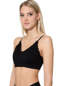 Bralette nera con tessuto strutturato, scollatura a V, bordi in pizzo e spalline sottili regolabili.