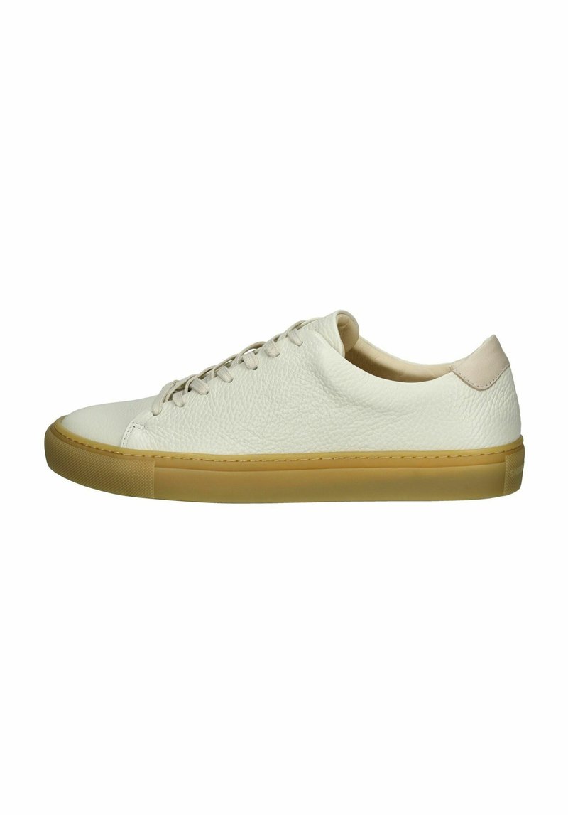Weiße Lederturnschuhe mit strukturiertem Obermaterial, runder Zehenpartie und beigem Akzent an der Ferse. Gummisohle und Schnürsenkel für einen sicheren Sitz.