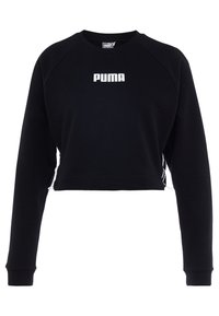 Felpa nera a maniche lunghe, corta, con il logo bianco "PUMA" sul davanti e dettagli laterali. Realizzata in un tessuto morbido.