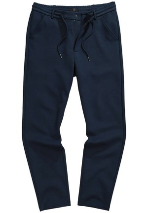 Marineblaue Sweathose mit einem Kordelzugbund, seitlichen Taschen, zulaufenden Beinen und einem weichen, strukturierten Stoff. Sichtbare Kontrastnähte.