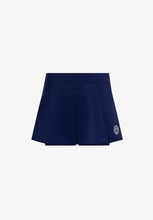 Falda pantalón azul marino hecha de una tela suave y elástica, con un diseño acampanado y un sutil detalle del logo en el lado izquierdo delantero.