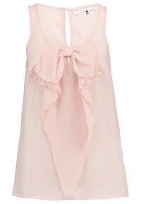 Blouse sans manches rose clair avec un détail de nœud à l'avant, des bords froncés et une fermeture par clé à l'arrière, le tout en tissu transparent et doux.