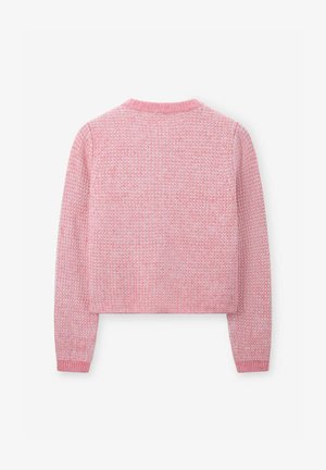 Pink knitted sweater with a cropped design, featuring a textured pattern, round neck, and long sleeves. Ribbed cuffs complete the look.