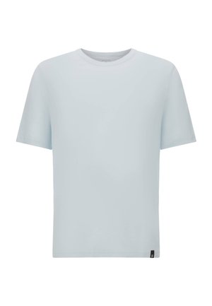 Light blue short-sleeve t-shirt, crew neck, made of soft cotton, featuring a small black label accent on the bottom left.
