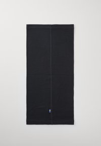 Svart stoff halsrør med en glatt tekstur og subtil strekk. Har et lite brodert design i blått og gult i nederste hjørne.