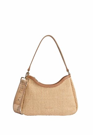 Piccola borsa a mano beige intrecciata con rifiniture in pelle marrone, cerniera superiore curva e tracolla staccabile con motivo a mappa.