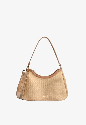 Piccola borsa a mano beige intrecciata con rifiniture in pelle marrone, cerniera superiore curva e tracolla staccabile con motivo a mappa.