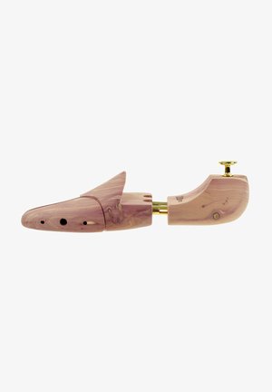 Wooden shoe tree with a smooth, natural wood grain in light pink hues, featuring brass hardware, and an adjustable mechanism for sizing.