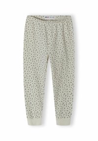 Ljust beige leggings med ett blommönster i mörkgrön och lila. Elastisk midja och ribbade muddar vid anklarna. Mjuk bomullsmaterial.