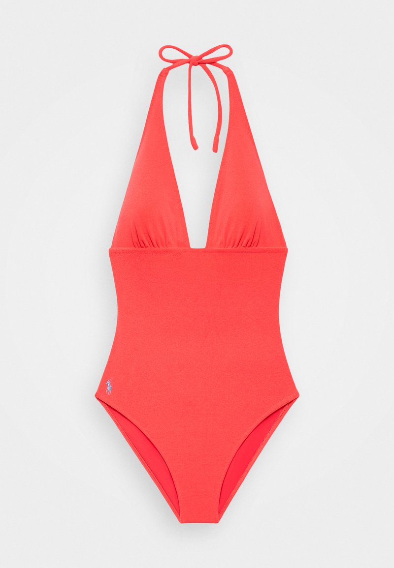 Rød halterneck badedrakt med dyp V-hals og myk stoff. Har innsamlede sider og en liten brodert logo på hoften.