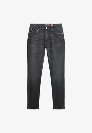 Czarne dżinsy o prostym kroju, z przednimi kieszeniami, zapięciem na guzik i delikatnym przetarciem. Metka widoczna w pasie.