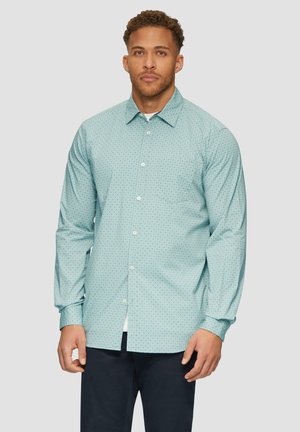 Helles Teal-langärmliges Button-Up-Hemd mit geometrischem Muster, ausgestattet mit einem spitzen Kragen, weißen Knöpfen und Details an den Manschetten.