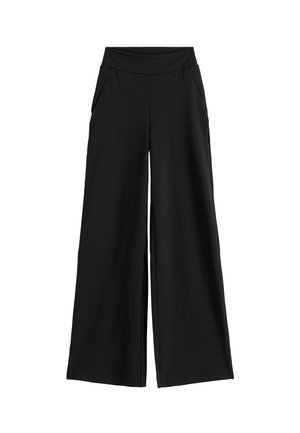 Czarne spodnie o szerokich nogawkach z wysokim stanem i zasuwanymi bocznymi kieszeniami, zaprojektowane dla luźnego, wygodnego dopasowania.