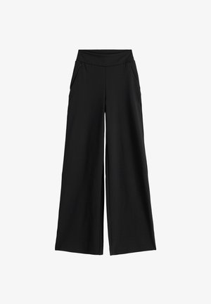 Czarne spodnie o szerokich nogawkach z wysokim stanem i zasuwanymi bocznymi kieszeniami, zaprojektowane dla luźnego, wygodnego dopasowania.