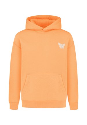 Orangenes Baumwollhoodie mit einer Fronttasche, gerippten Bündchen und einem kleinen weißen Grafikdesign auf der linken Brust. Glatte Textur.