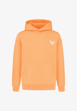 Sudadera de algodón naranja con un bolsillo frontal, puños de canalé y un pequeño diseño gráfico blanco en el lado izquierdo del pecho. Textura suave.