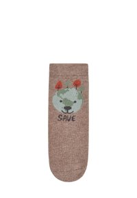 Braune Baumwollsocke mit einem Motiv eines Globus, auf dem ein Bärenkopf und Bäume abgebildet sind, mit dem Wort "SPEICHERN" darunter.