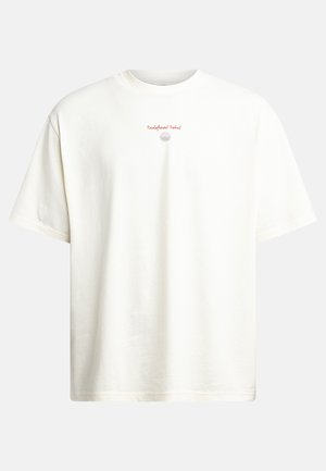 White cotton t-shirt with a loose fit, crew neckline, and short sleeves. Features red embroidery reading "Redefined Rebel" above a small graphic.
