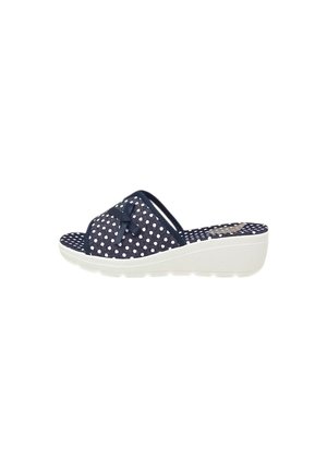 Sandalo zeppa blu navy con pois bianchi, punta aperta, retro aperto e piccolo fiocco sulla fascia superiore. Suola bianca testurizzata.
